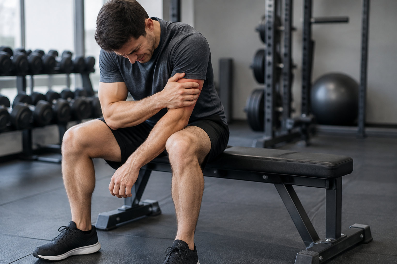 Un homme assis sur un banc de musculation se tient le bras, dans une salle de sport équipée d’haltères et d’un rack à poids.