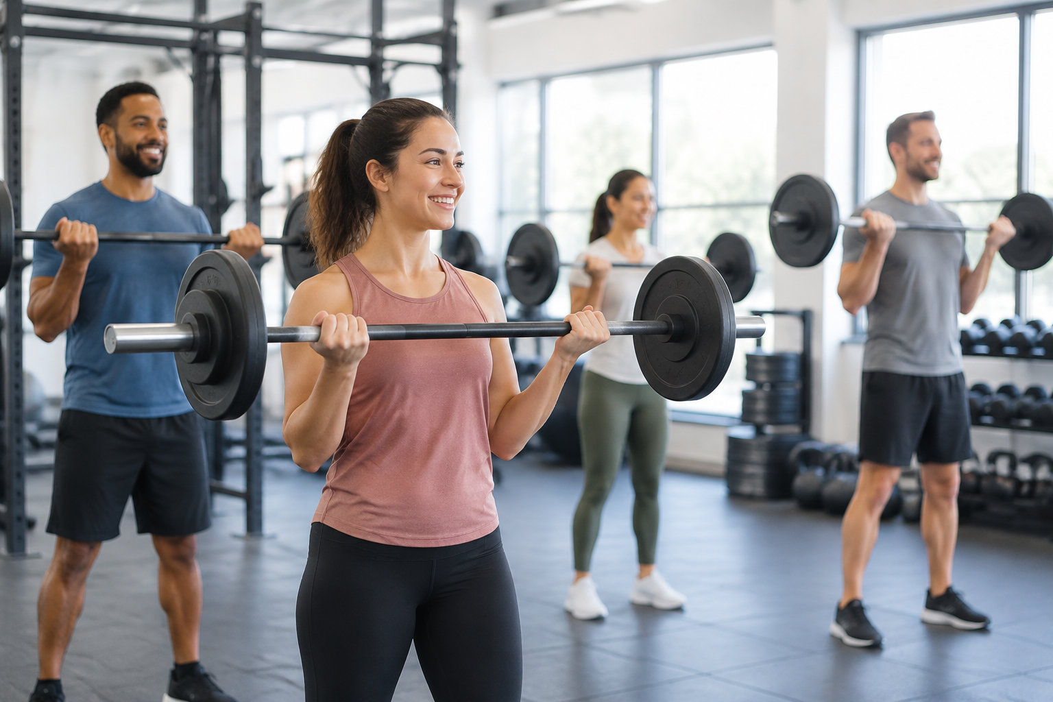 Quatre personnes souriantes s’entraînent avec des haltères dans une salle de sport lumineuse.