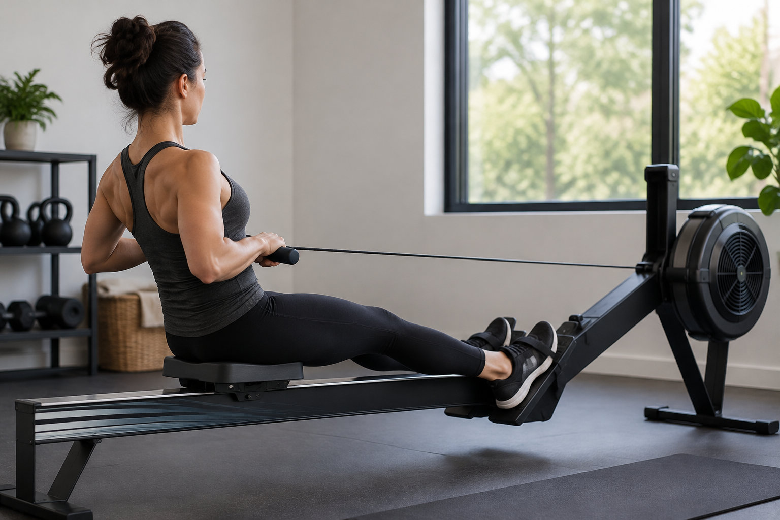 Une femme en tenue de sport rame sur un appareil d’intérieur, dans une pièce lumineuse avec une fenêtre et des équipements de fitness.