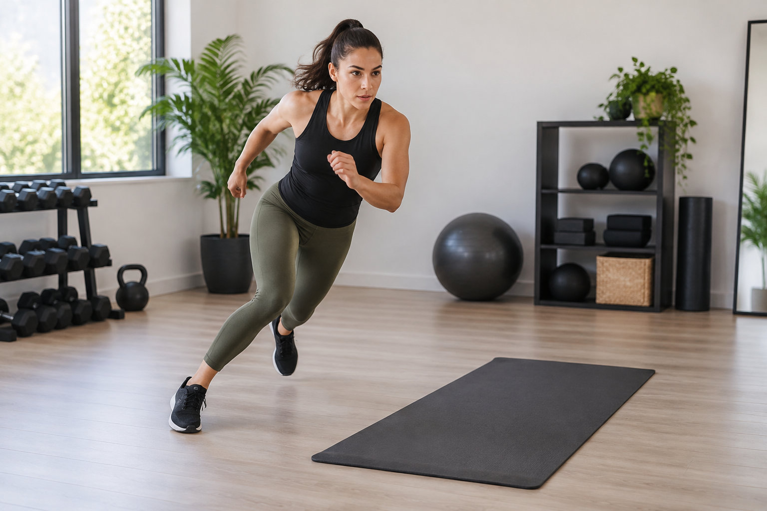 Une femme en tenue de sport fait un mouvement de course dans une salle de sport équipée d’haltères, de ballons et d’un tapis.