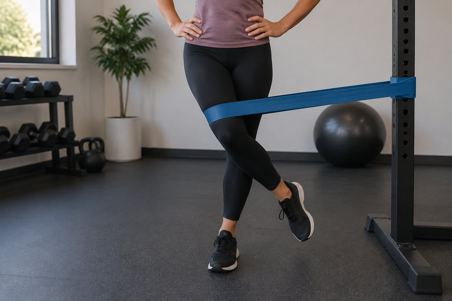 Une personne effectue un exercice debout avec une bande élastique bleue autour des jambes, dans une salle de sport équipée d’haltères et de ballons.