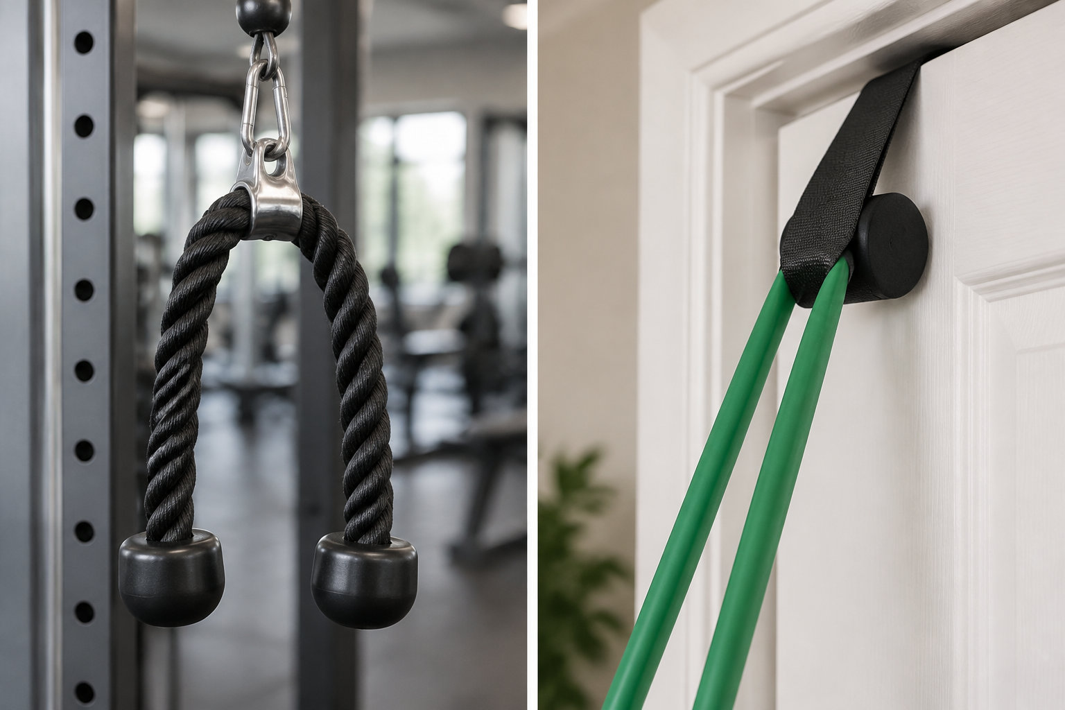 Une corde noire de poulie de musculation est suspendue dans une salle de sport, à côté d’un élastique vert accroché à une porte.