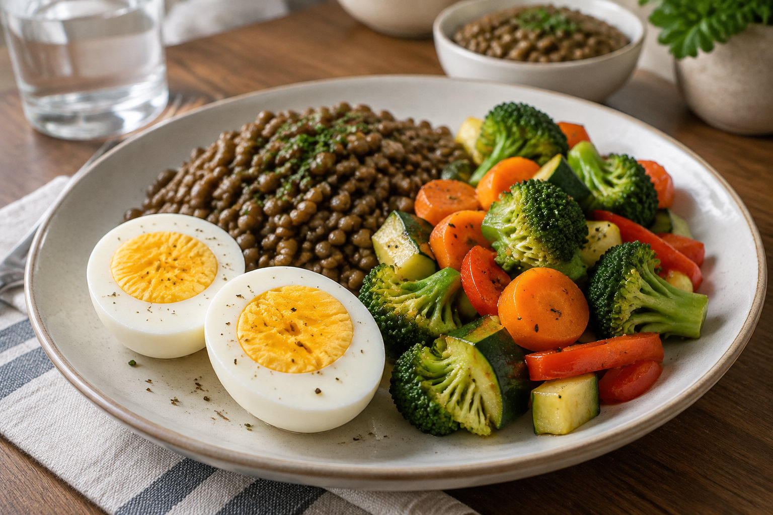 Une assiette de lentilles, de deux moitiés d’œuf dur et de légumes cuits est posée sur une table en bois, avec un verre d’eau et un bol à l’arrière-plan.
