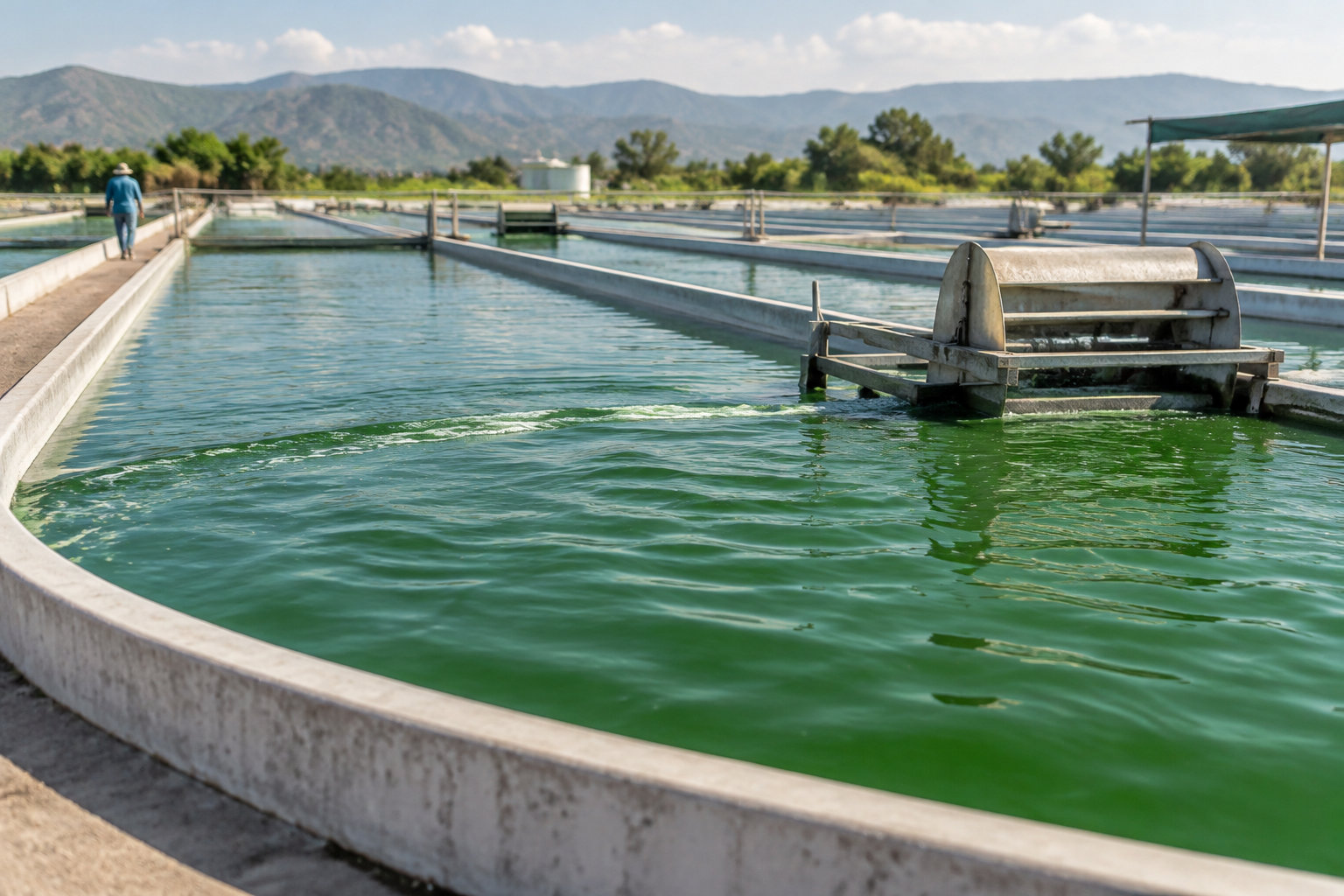 Un bassin d’eau verte dans une installation de traitement, avec une roue mécanique et une personne marchant sur une passerelle, au pied de montagnes.