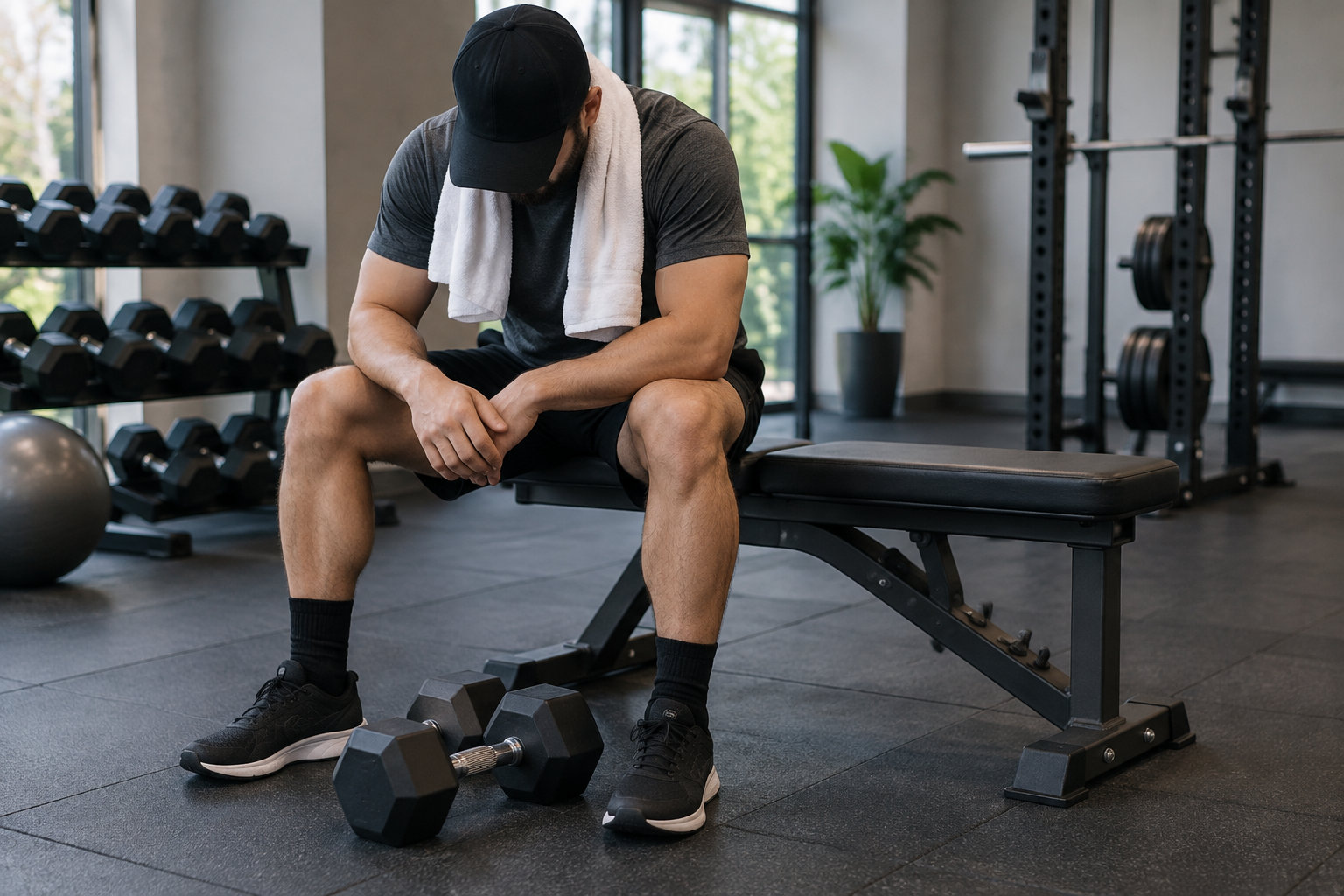Un homme portant une casquette et une serviette autour du cou est assis sur un banc dans une salle de sport, près d’haltères.