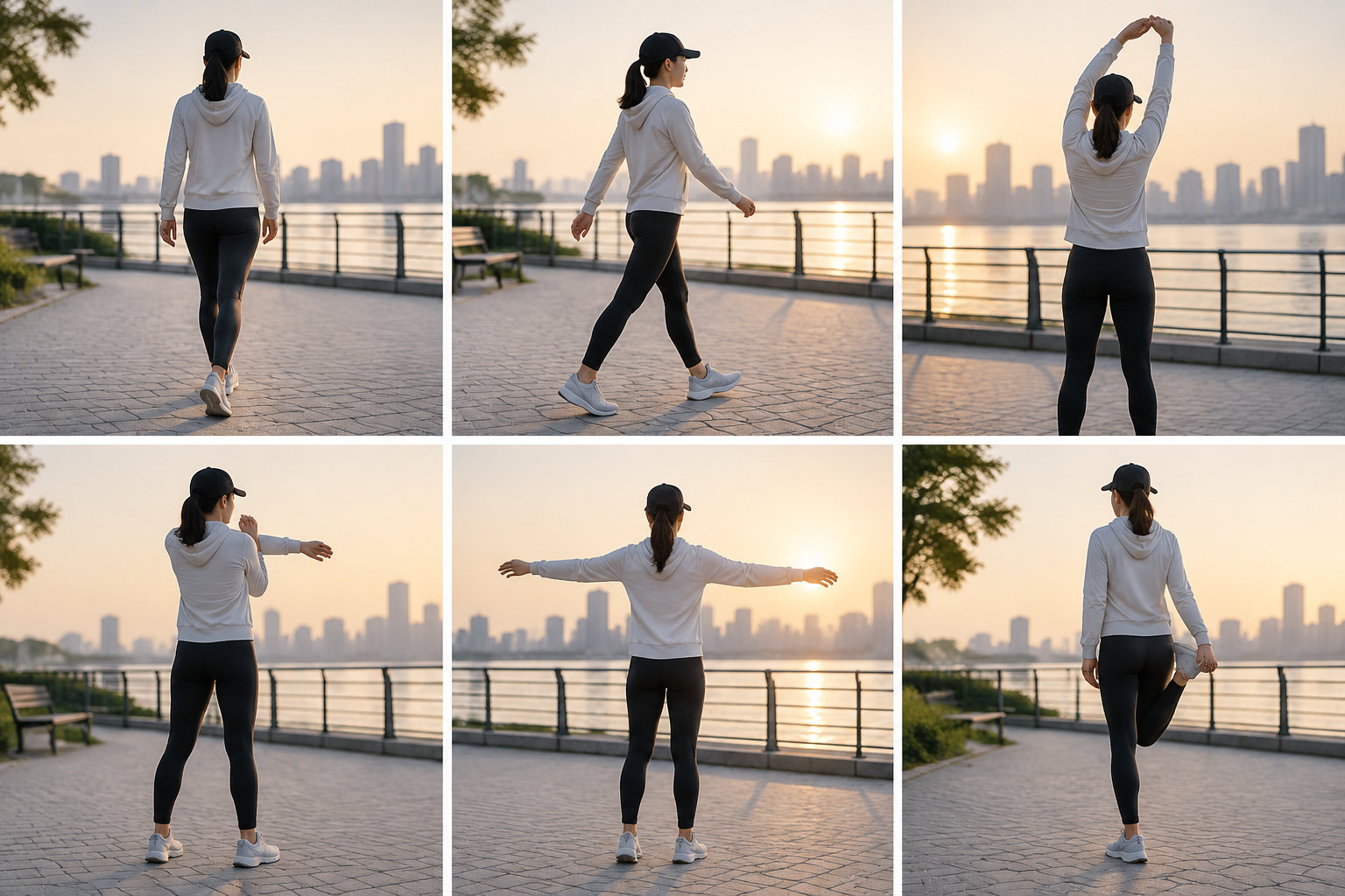 Un collage de six scènes montre une femme en tenue de sport marchant et s’étirant sur une promenade au bord de l’eau, au coucher du soleil.