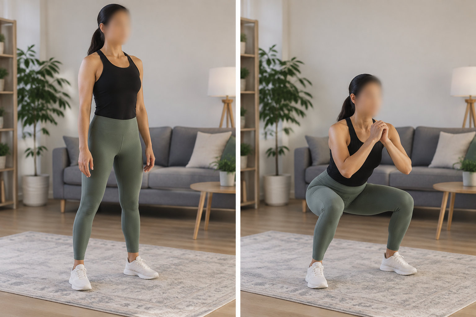 Une femme en tenue de sport est debout dans un salon sur la partie gauche de l’image et accroupie, les mains jointes, sur la partie droite.