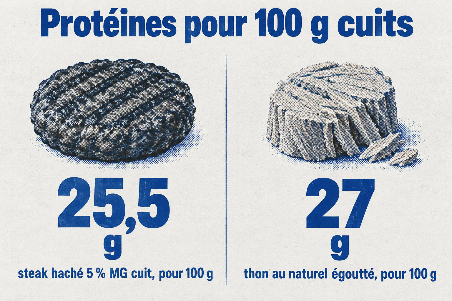 Pour 100 g, le steak haché 5 % MG cuit apporte environ 25,5 g de protéines et le thon au naturel égoutté environ 27 g.