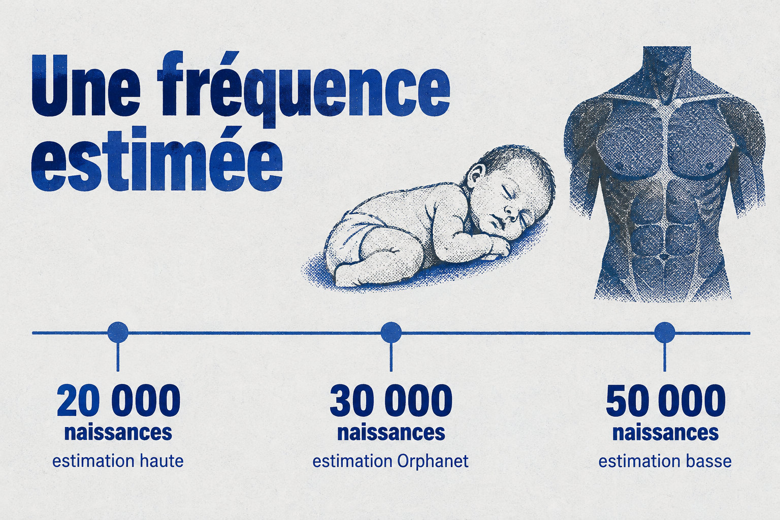 Les estimations vont d’une naissance sur 20 000 à une sur 50 000, avec l’estimation Orphanet d’une sur 30 000.