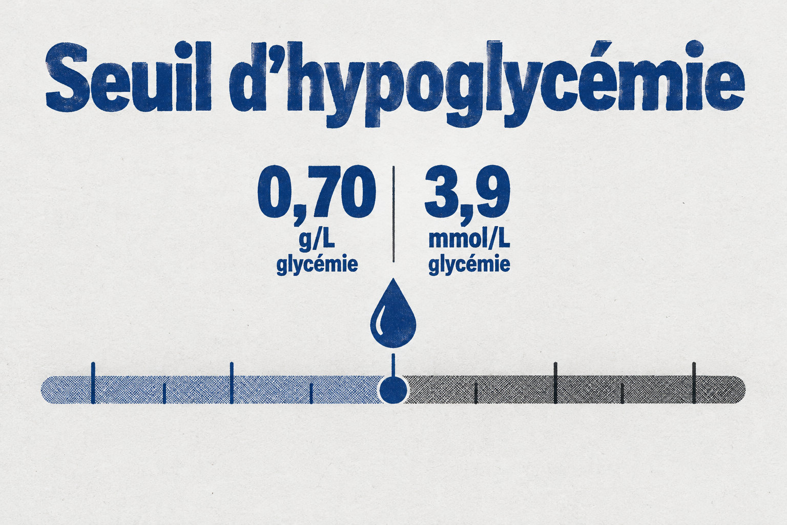 Le seuil généralement associé à l’hypoglycémie est situé à 0,70 g/L, soit environ 3,9 mmol/L de glycémie.