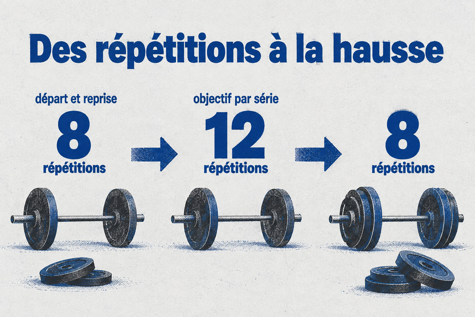 La progression commence à 8 répétitions, vise 12 répétitions sur chaque série, puis une légère hausse de charge ramène autour de 8 répétitions.