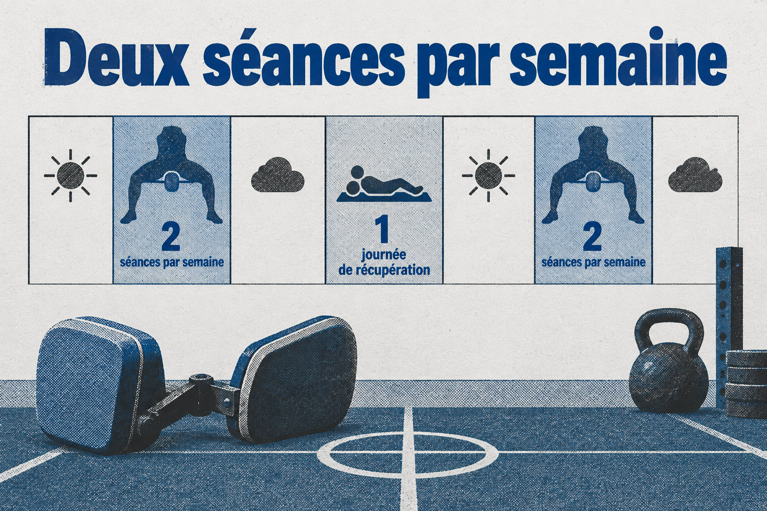 Le calendrier met en évidence deux séances par semaine de renforcement des adducteurs et une journée de récupération entre deux sollicitations importantes.