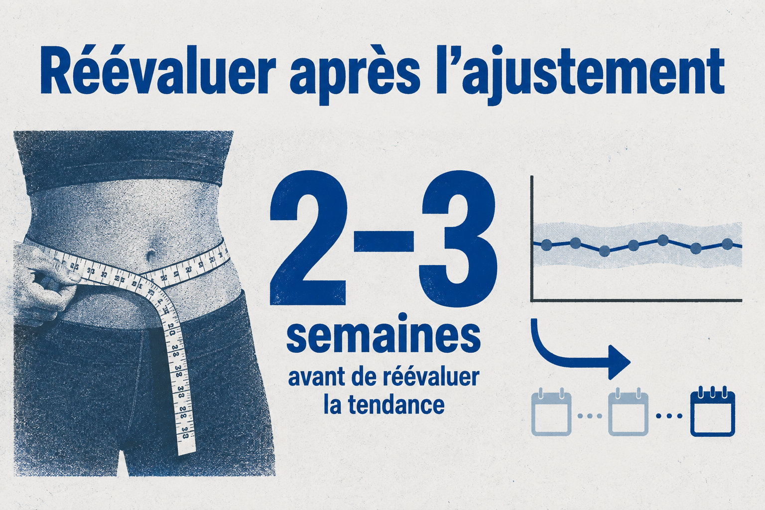 Quand la moyenne du poids et le tour de taille restent stables plusieurs semaines, un seul levier est ajusté puis la tendance est réévaluée après 2–3 semaines.