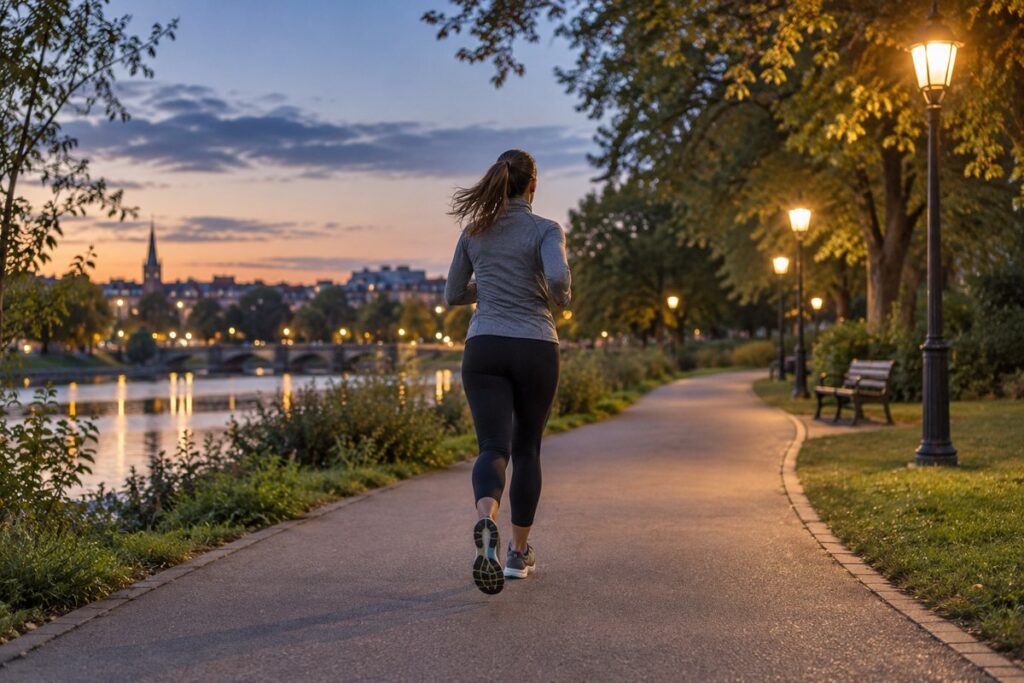 Une sportive court sur un chemin éclairé au crépuscule